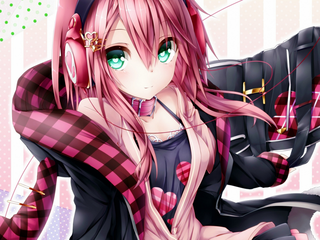 Desktop Wallpaper Green Eyes, Cute, Anime Girl, Pink Hair 