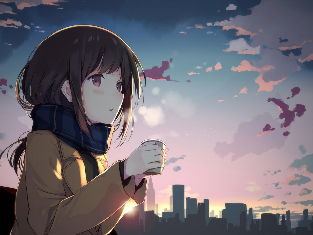 Desktop Wallpaper Cute Anime Girl Drinking Coffee, Anime, Hd Image