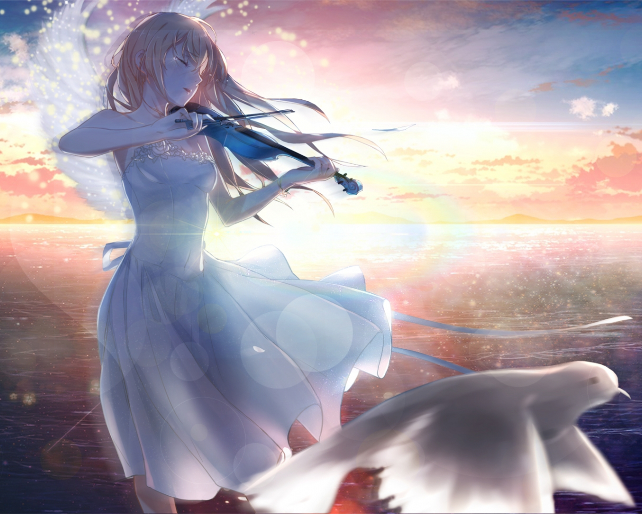 Desktop Wallpaper Kaori Miyazono Anime Girl Playing Violin Dove Hd Image Picture Background Fzo5jj