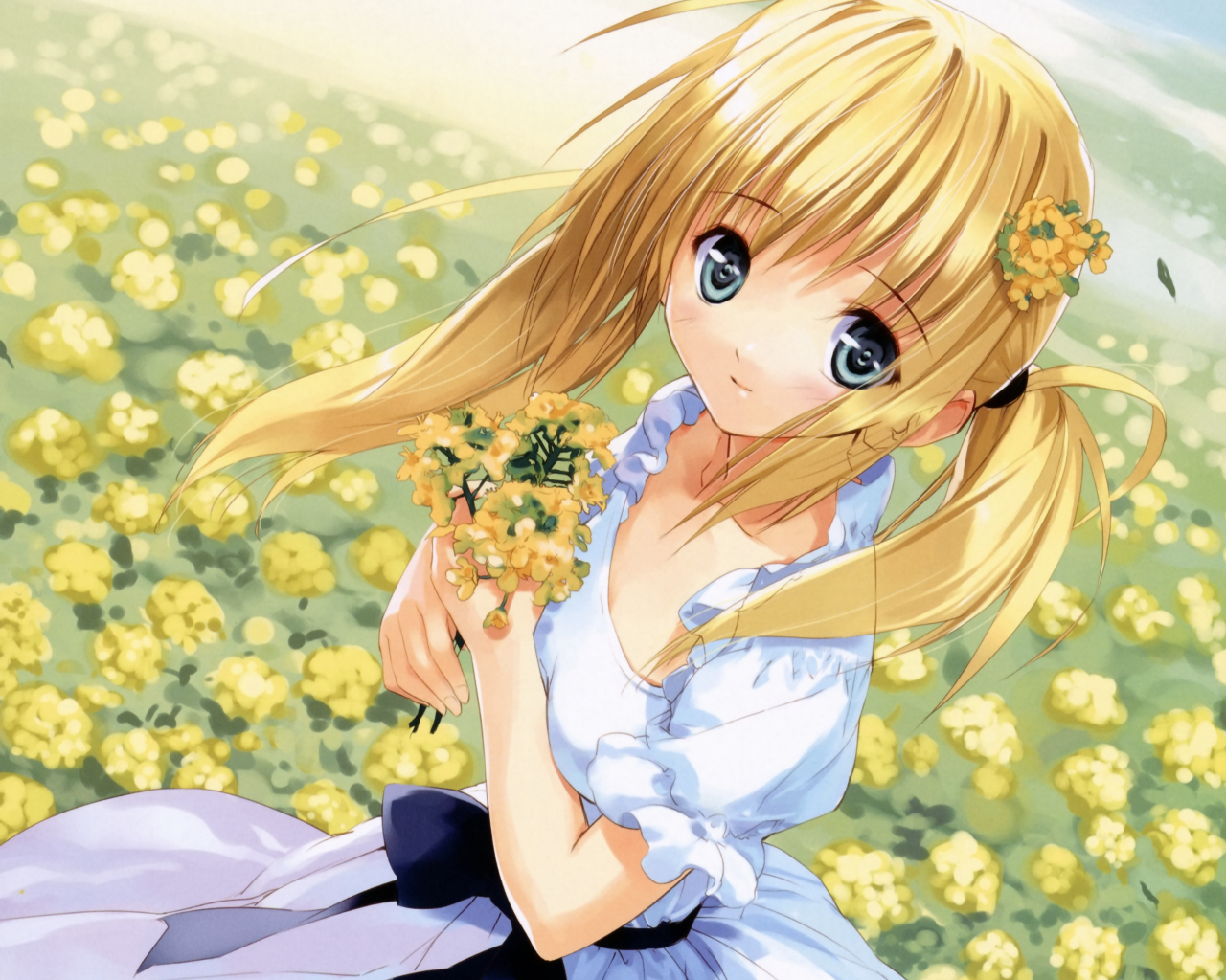 Download 1280x1024 Wallpaper Flower Farm, White Dress, Anime, Cute Girl,  Standard 5:4, Fullscreen, 1280x1024 Hd Image, Background, 18583