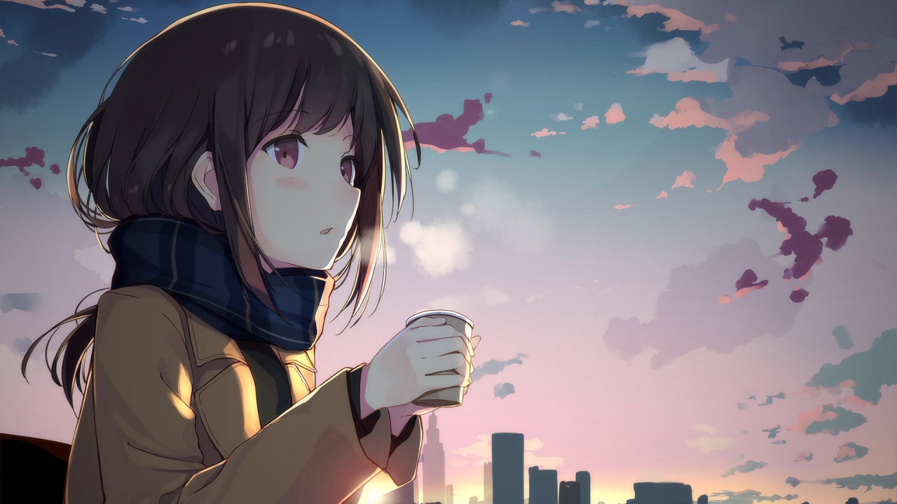 Cute Anime Girl Drinking Coffee gambar ke 2