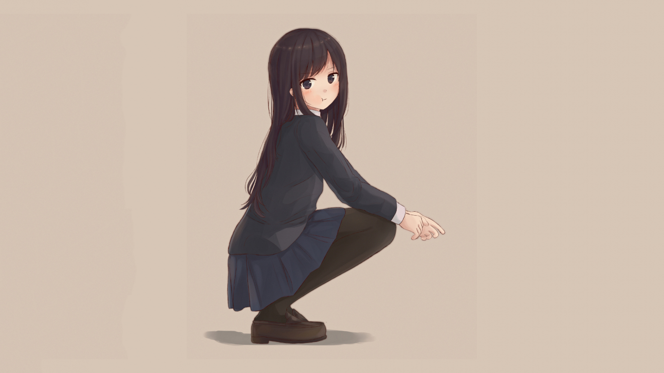 Download 1366x768 Wallpaper Cute Anime Girl, Sitting, Long Hair ...