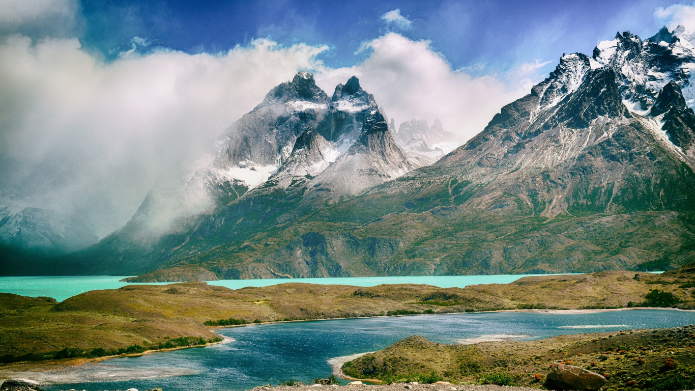 Download 1366x768 Wallpaper Mountains, River And Clouds, Tablet, Laptop ...