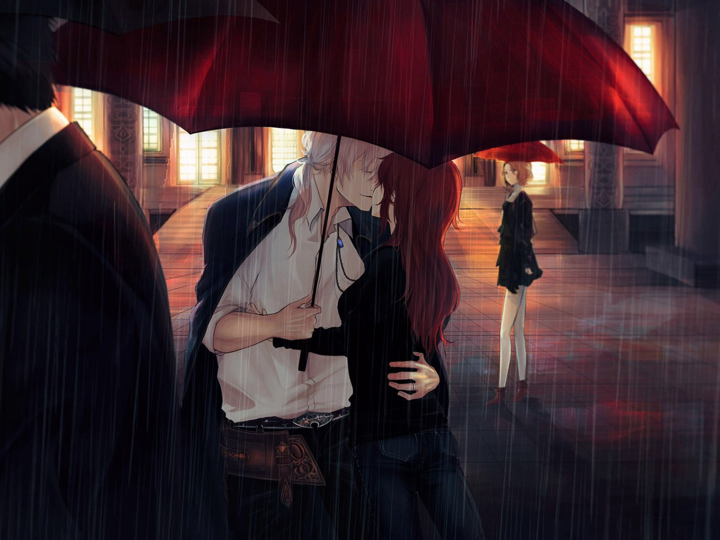 Аниме парень и девушка под дождем