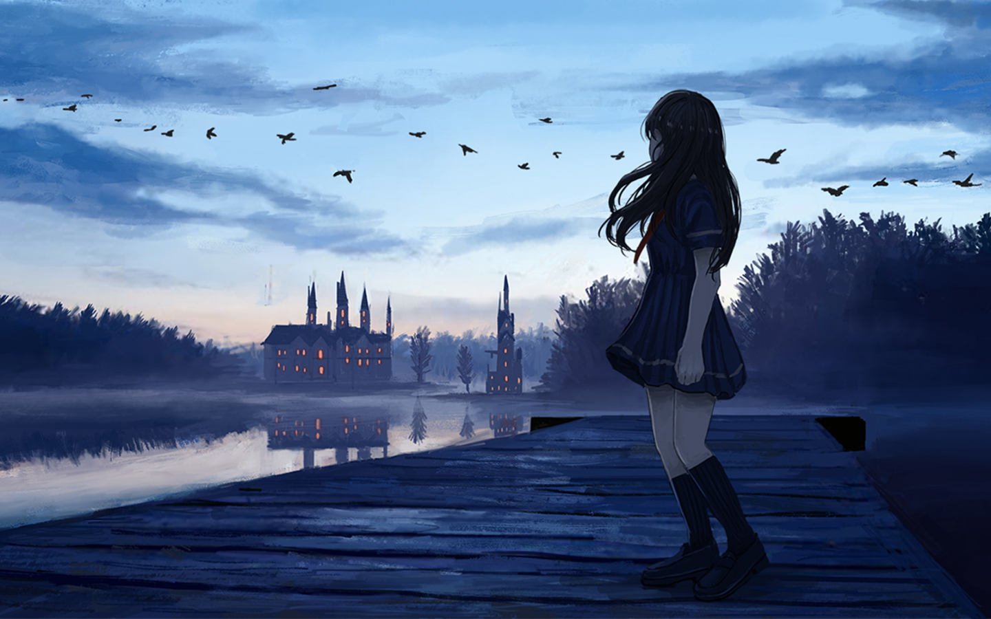 Download 1440x900 Wallpaper Sunset, Anime Girl, Dock, Reflections,  Original, Widescreen 16:10, Widescreen, 1440x900 Hd Image, Background, 20194