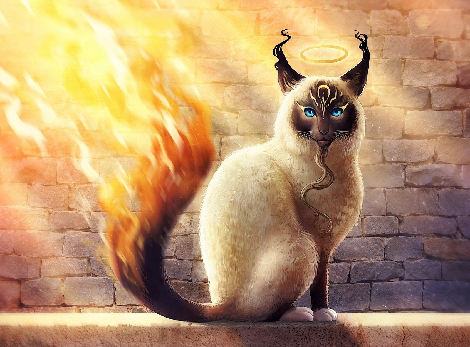 Desktop Wallpaper Cat On Fire, Fantasy, Artwork, Hd Image, Picture, Background, Ec3d70