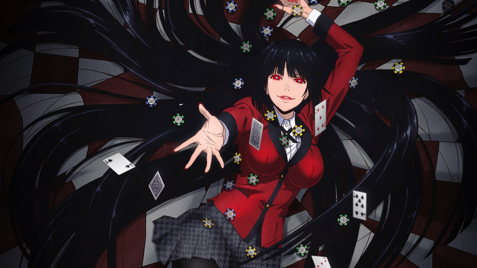 Desktop Wallpaper Kakegurui, Jabami Yumeko, Cards, Black, Long Hair, Hd