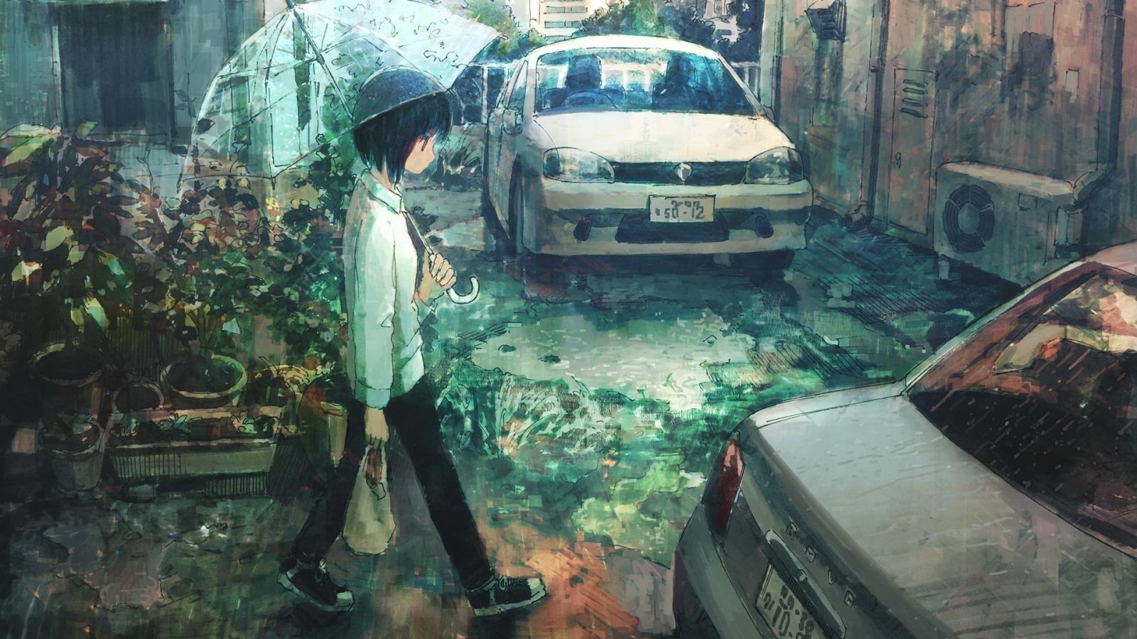 Desktop Wallpaper Cars, Street, Anime, Walk, Umbrella, Art, Hd Image
