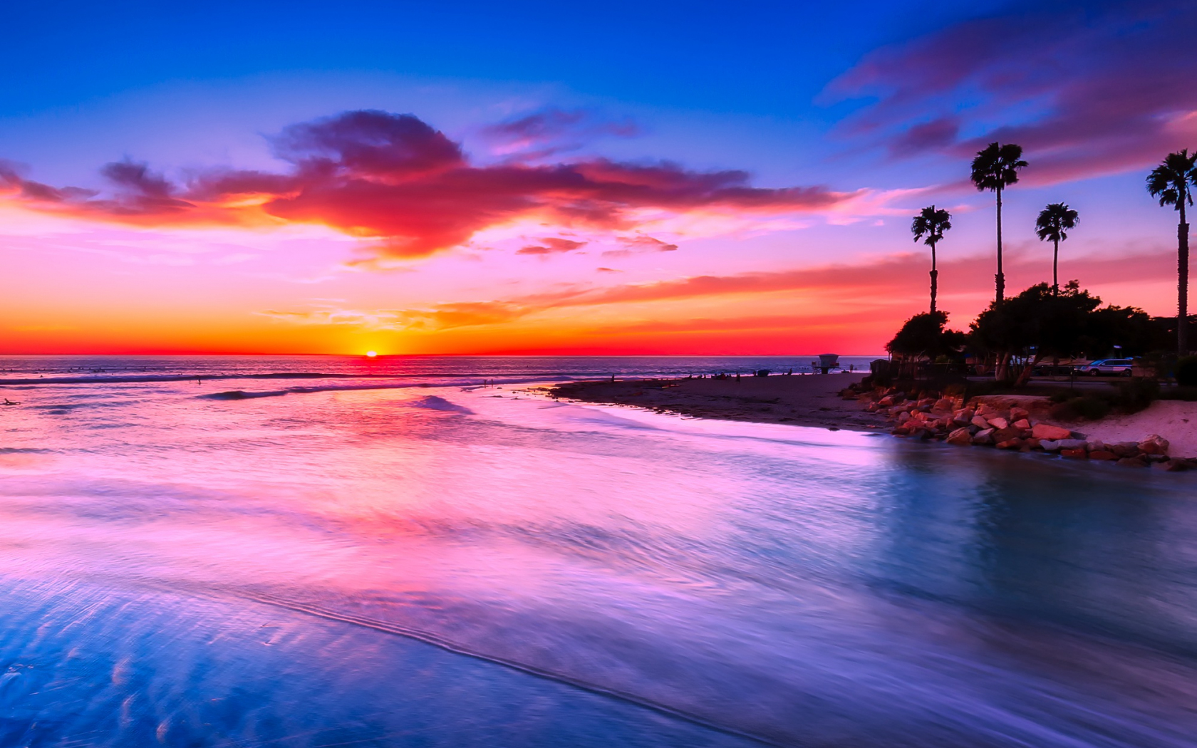 Download 1680x1050 Wallpaper California Beach, Sunset, Evening, Nature, Yellow Skyline