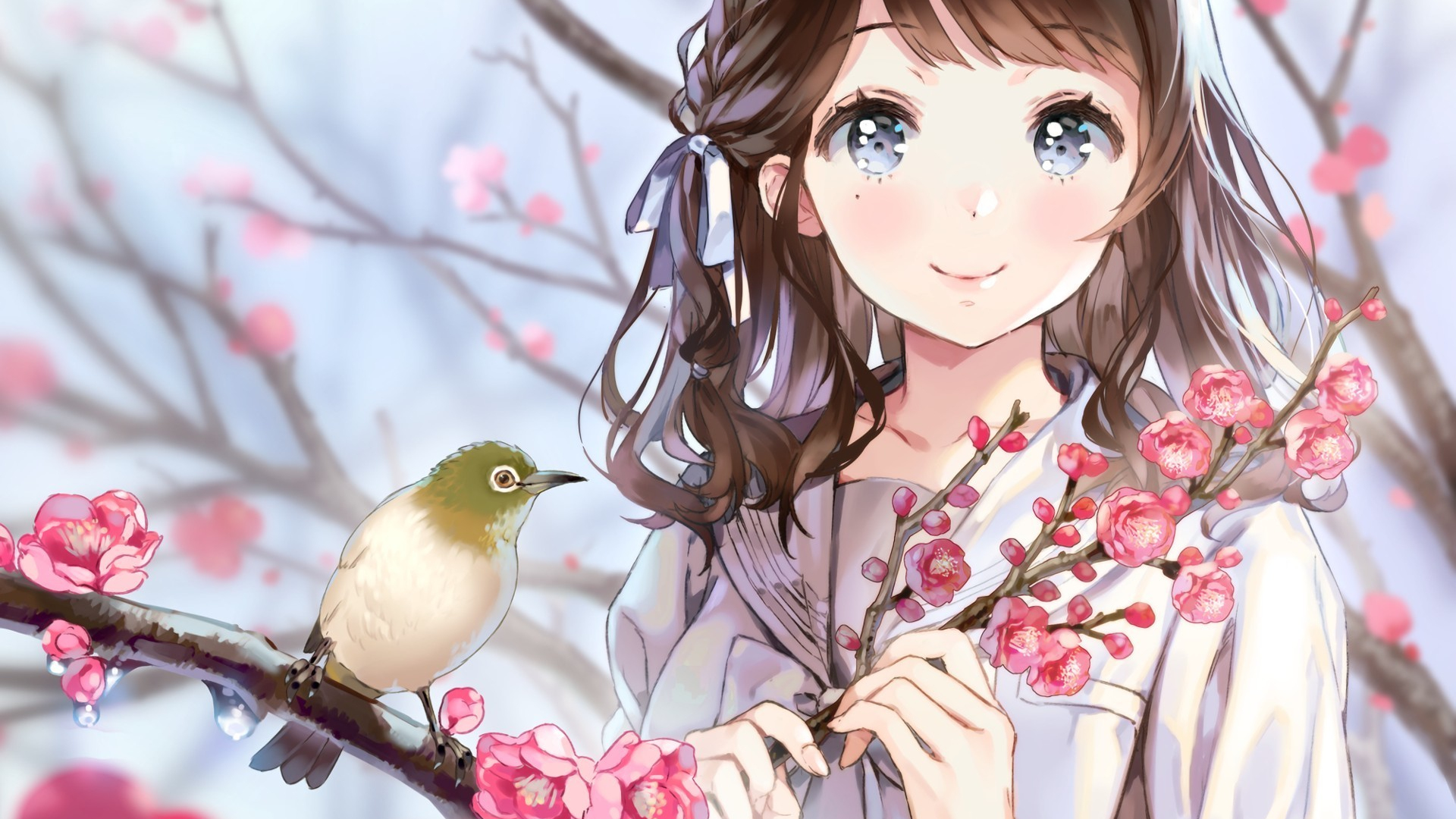 Download 1920x1080 Wallpaper Birds Cherry Blossom Anime Girl Cute Full Hd Hdtv Fhd 1080p