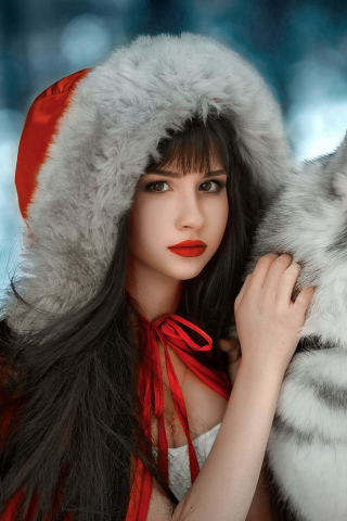 320x480 wallpaper Wolf and woman, Red riding hood, girl model, cosplay