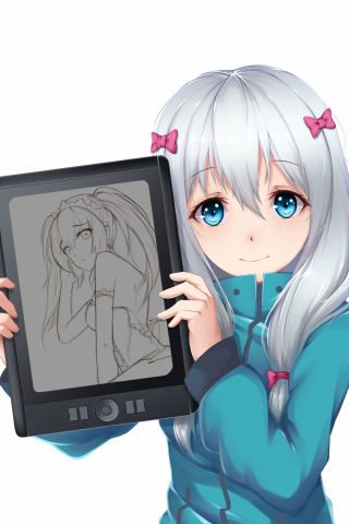320x480 wallpaper White hair, anime girl, sagiri izumi, tablet