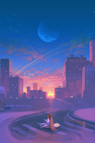 320x480 wallpaper Cityscape, girl enjoying sunset, art