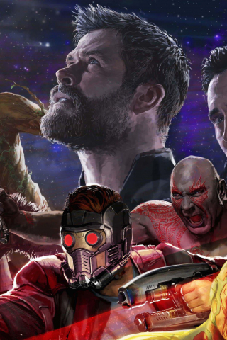 320x480 wallpaper Avengers: infinity war, thor, groot, fan art
