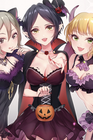 320x480 wallpaper Friends, anime girls, halloween