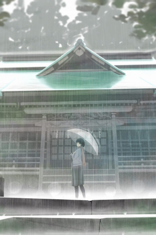 320x480 wallpaper House, rain, anime girl, outdoor