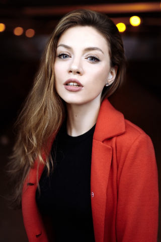 320x480 wallpaper Red jacket, girl model, beautiful, juicy lips