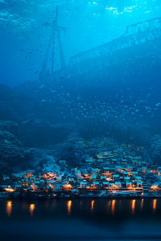 320x480 wallpaper Fantasy, big ship, underwater, city