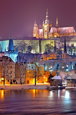 320x480 wallpaper Prague, city, house, castle, winter, lights