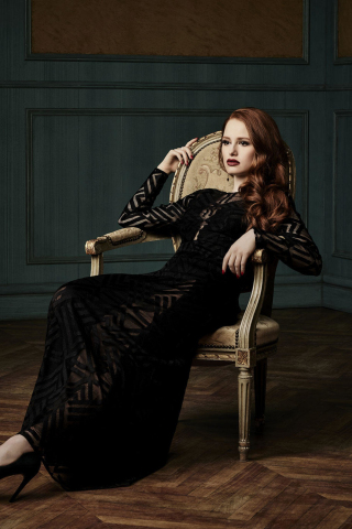320x480 wallpaper Black dress, Madelaine Petsch, sitting on chair, photoshoot