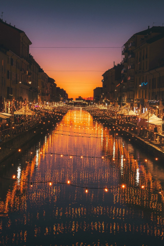320x480 wallpaper Milan, city, river, night, lights, celebrations, 4k