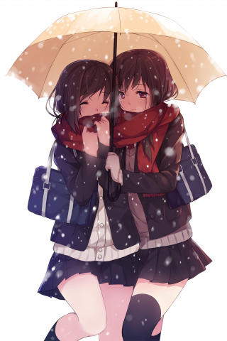 320x480 wallpaper Anime girls, snowfall, umbrella, original, friends