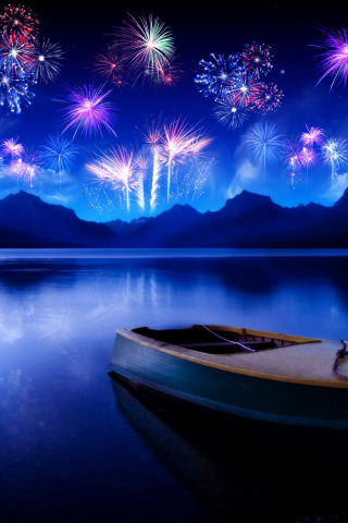 320x480 wallpaper New year, 2018, fireworks, boat, reflections