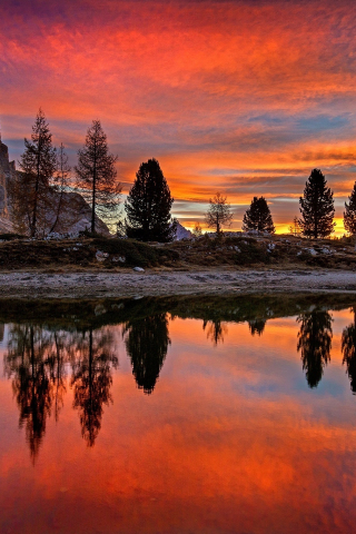 320x480 wallpaper Sunset, lake, dolomites, mountains, nature, reflections