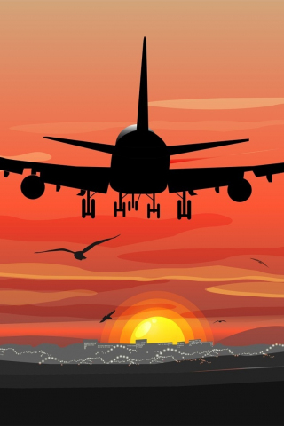 320x480 wallpaper Silhouette, airplane, sunset, art