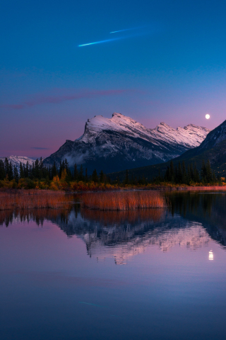 320x480 wallpaper Vermillion lakes, banff national park, moon, mountains, tree, nature, reflections, 4k