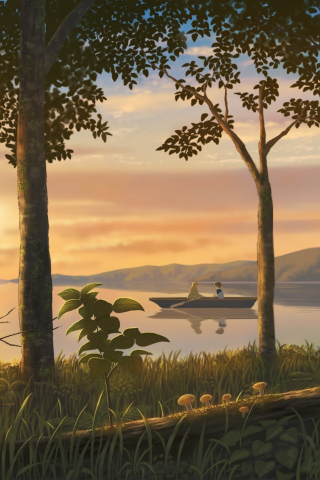 320x480 wallpaper Omoide no Marnie, When Marnie Was There, anime, trees, lake, outdoor