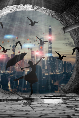 320x480 wallpaper Girl dancing with umbrella, birds, artwork