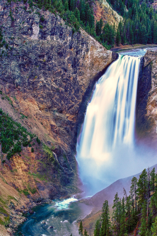 320x480 wallpaper Yellowstone falls, waterfall, national park, nature, 4k