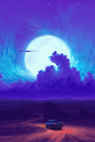 320x480 wallpaper Moonrise, blue clouds, fantasy art