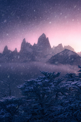 320x480 wallpaper mountains, sunset, snowfall, winter, Argentina