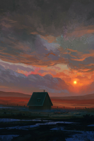 320x480 wallpaper Sunset, lone house, fantasy, landscape