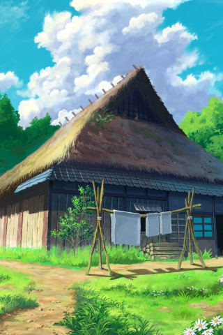 320x480 wallpaper Anime, cottage, house