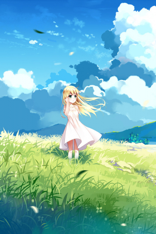 320x480 wallpaper Landscape, blonde anime girl, clouds, outdoor, cute