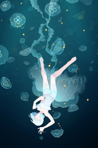320x480 wallpaper Underwater, dive, fishes, anime girl, jellyfish, minimal