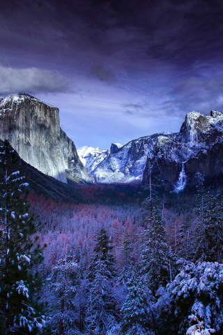 320x480 wallpaper Yosemite valley, trees, sunset, winter, nature, 5k