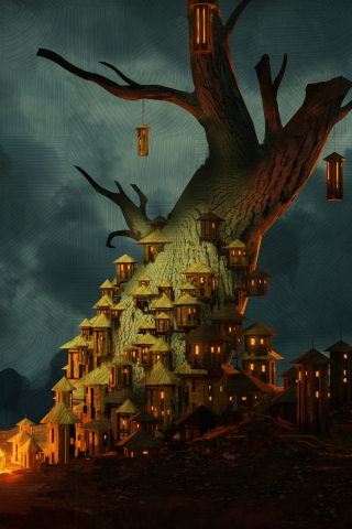 320x480 wallpaper Lanterns, fairytale, fantasy, night, tree