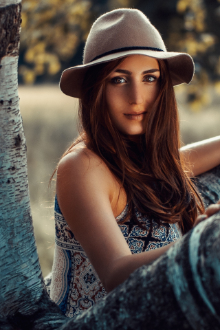 320x480 wallpaper Brown eyes, beautiful, hat, girl model, outdoor, 4k