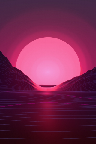 320x480 wallpaper Sunset, digital art, neon pink, mountains, 4k