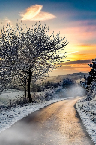 320x480 wallpaper Winter, road, snow, nature, sunset