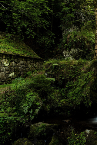 320x480 wallpaper Stones house, waterfall, forest, nature