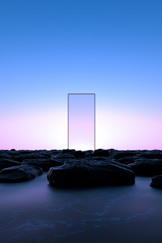320x480 wallpaper Glass door, portal, clear pink sky, rocks, digital art