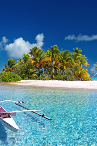 Download 240x320 Wallpaper South Sea, Island, Palm Tree, Boat, Beach ...