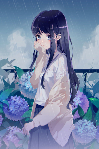 320x480 wallpaper Anime girl, rain, outdoor, original