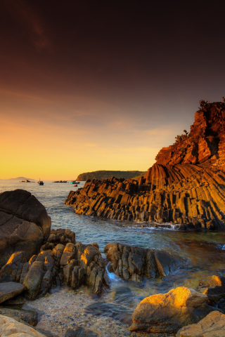320x480 wallpaper Coast, sea, sunset, nature, rocks, 5k