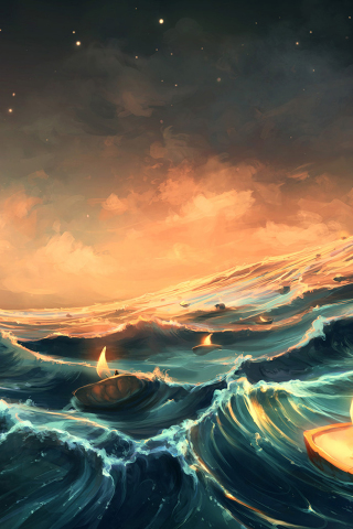 320x480 wallpaper Candles, waves, sea, fantasy